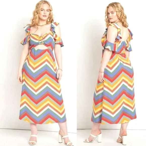 ELOQUII | Yellow & Blue Chevron Cutout Ruffle-Strap Maxi Dress - - Picture 1 of 2